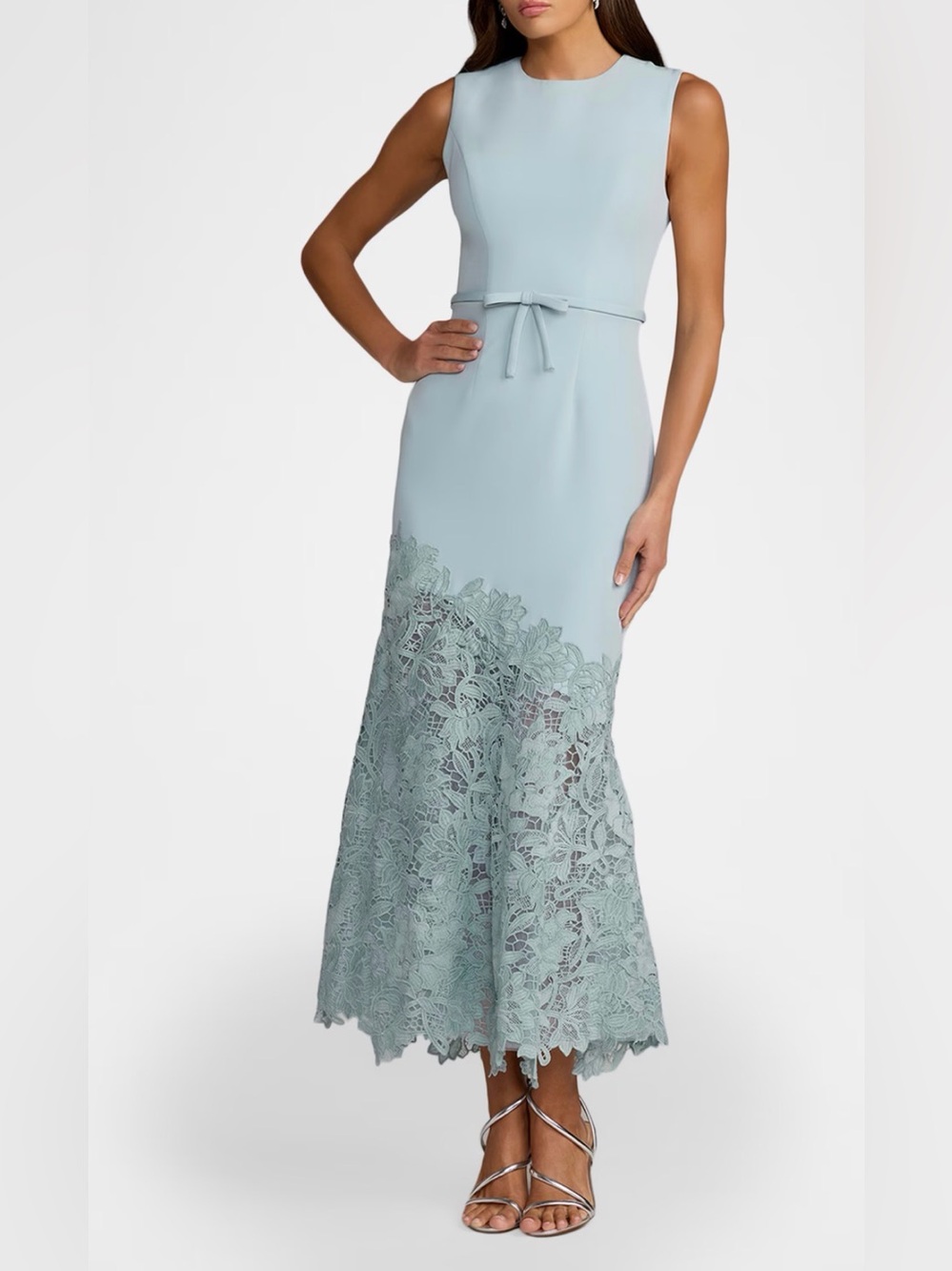 Mac Duggal Pale Blue Sleeveless Midi Dress with Lace Hem